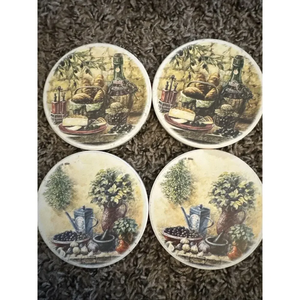 4 Pack Coaster Set Wine Bottle Glasses & Grapes Non-slip Cork Back 3.75